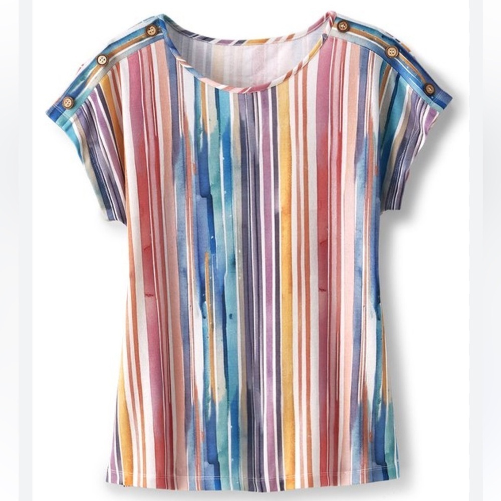 Soft Surroundings Eudora Button Tee in Multi Color Water Stripes Women’s 1X
